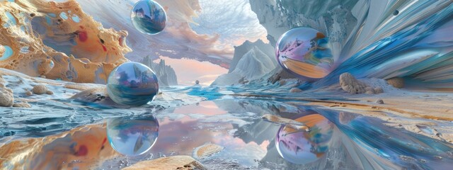 Obraz premium Scenic Nature Painting: A panoramic view captures a cave painting amidst lush landscapes, with elements of water, trees, sky, and vibrant seasons