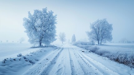 Fototapeta premium Serene Winter Landscape: Snow-Covered Trees and Tranquil Country Road
