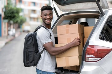A man is smiling and holding boxes in a car. He is wearing a backpack and a gray shirt - obrazy, fototapety, plakaty