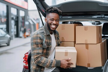 A man is smiling and holding a box in his hand. He is standing in a car trunk with several boxes around him - obrazy, fototapety, plakaty