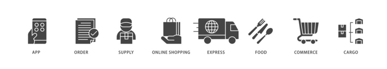 Delivery service icons set collection illustration of cargo, commerce, online shopping, food, express, supply, order, app icon live stroke and easy to edit 
