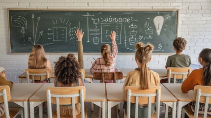 A group of children are sitting in a classroom with a blackboard in the background. One of the children is raising their hand and pointing at the board. Scene is one of learning and education - obrazy, fototapety, plakaty