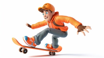 Obraz premium 3d character cartoon man skate boarder wearing bright colors clothes. Isolated on white with copy space
