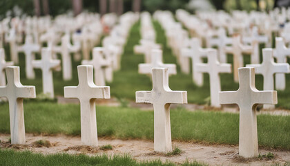 Grave crosses on green meadow. Memorial day, federal holiday in the US