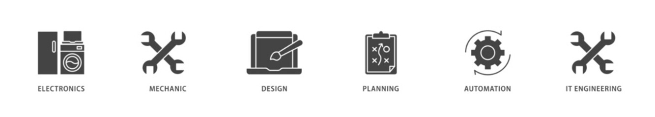 Engineering icons set collection illustration of electronics, mechanic, design, planning, automation and it engineering icon live stroke and easy to edit 