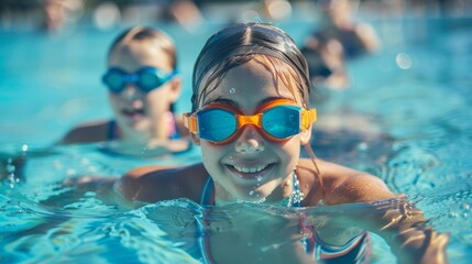Naklejka premium Portrait of smiling childern having fun in swimming pool