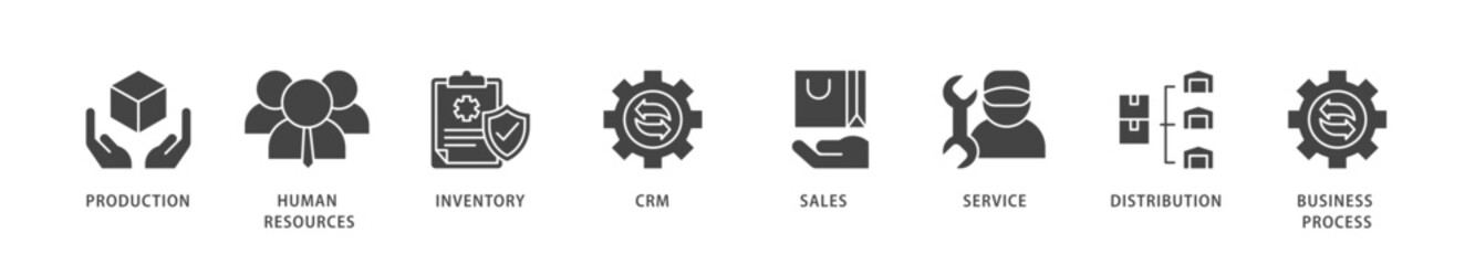Enterprise resource planning icons set collection illustration of production, human resources, inventory, crm, sales, service icon live stroke and easy to edit 