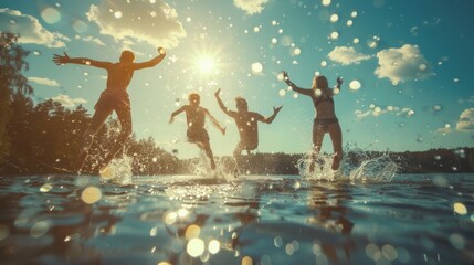 People having summer fun jumping playing in water outdoor
