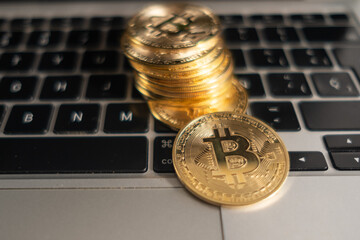 bitcoin coin on laptop for on line trading 