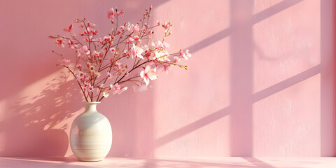 Delicate and soft pink flowers in white vase , Pink flowers with pink wall in background in vase 