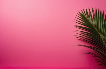 Tropical green palm leaf on pink background. Minimal summer backdrop with copyspace.