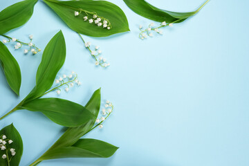Frame of flower with leaves Lily of the valley ( Convallaria majalis, May bells, may-lily ) on a...