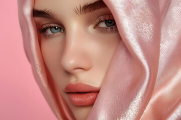 A close-up beauty shot of a model, the texture of the fabric in focus, against a blush pink background - obrazy, fototapety, plakaty