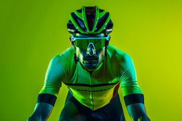A cyclist in high-performance gear, posed as if in mid-race, against an energetic neon green background - obrazy, fototapety, plakaty