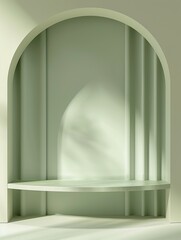 3D rendering of a green archway with a shelf in front of it - obrazy, fototapety, plakaty