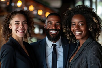 Three people smiling for the camera, one of whom is wearing a suit and tie. The image has a happy and friendly mood