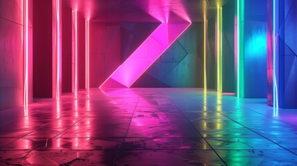 Vibrant Neon Lights Illuminating a Modern Futuristic Corridor - obrazy, fototapety, plakaty