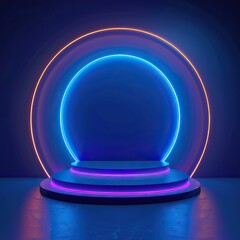 3D rendering of a stage with a glowing blue and pink neon circle. The stage is empty and has a dark blue background. - obrazy, fototapety, plakaty