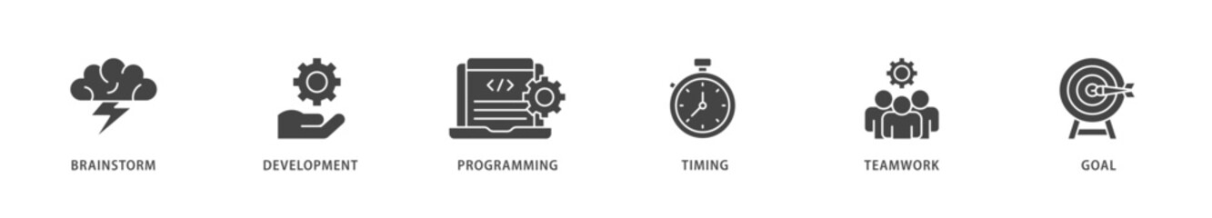 Hackathon icons set collection illustration of brainstorm, development, programming, timing, speed, teamwork, and goal icon live stroke and easy to edit 