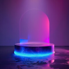 3D rendering of a stage or platform with a glowing neon blue and pink light. The stage is made of a reflective material and is surrounded by a dark background. - obrazy, fototapety, plakaty