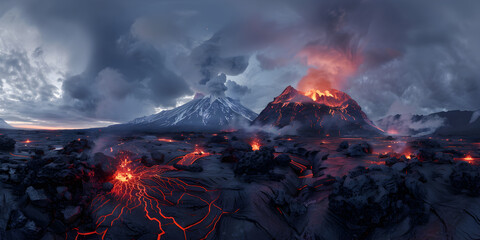 Lava cliffs and burning flame with smoke clouds in hell, A volcano with a river flowing through it  
