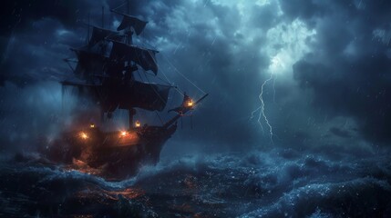 Sailing ship in sea water in rain thunderstorm.