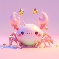 Zodiac Sign Cancer with stars on its head and body. The crab is smiling and he is happy 3D