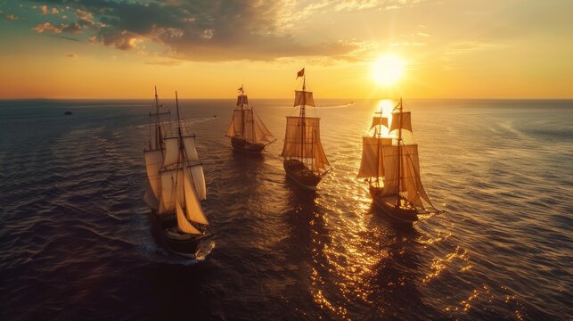Sailing ship fleet in sea water at sunset.
