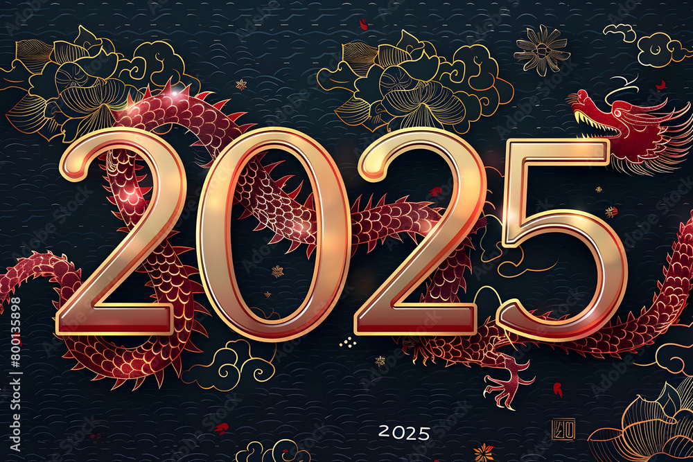 Poster a red dragon with the number twenty-five on it. the dragon is surrounded by gold and red colors. gen