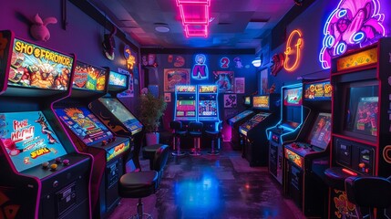A vibrant retro arcade room glows with neon lights