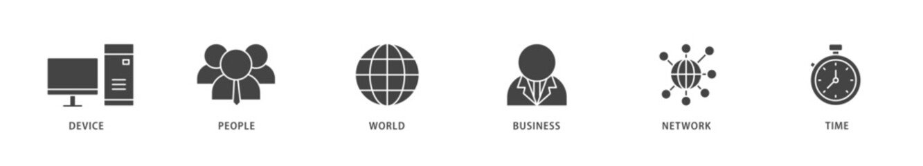 Internet of things icons set collection illustration of device, people, world, business, network and time icon live stroke and easy to edit 