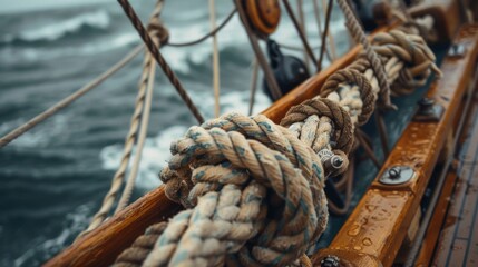 Rope roll on deck of a sailing ship in sea.