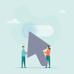 Tiny people with a huge mouse arrow. Cursor pointer sign. Click the button here. Internet concept. Flat style. Vector illustration.
