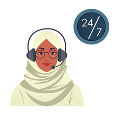 Hotline Call center operator. Portrait of Saudi woman at customer support department. Office worker in headsets. Female assistant online help, advises customers, feedback concept. Vector illustration