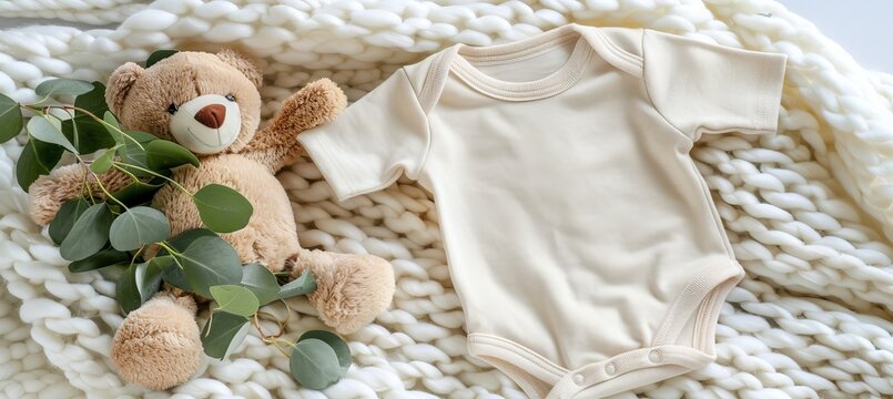 Baby bodysuit mockup with teddy bear and eucalyptus on ivory blanket throw   infant onesie template