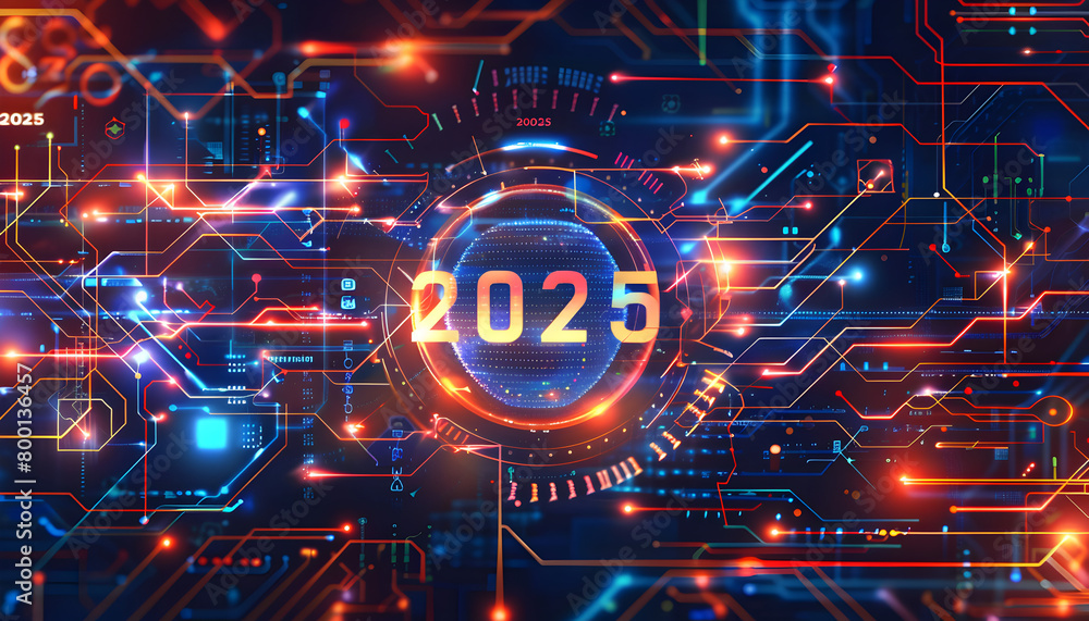 Poster a colorful image of a glowing circle with the number 2025 written in neon colors. concept of excitem
