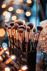 Makeup brushes and products bokeh lights