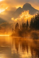 Mountain lake at sunrise mist hovering over water