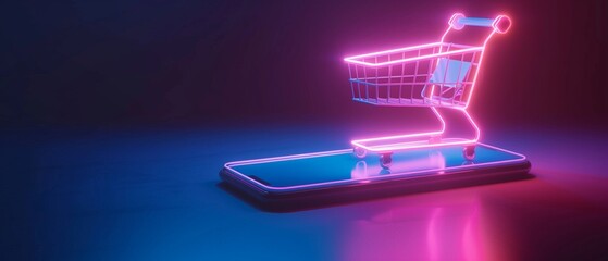Neon shopping cart on smartphone e-commerce concept