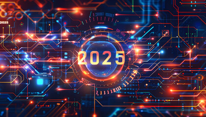 A colorful image of a glowing circle with the number 2025 written in neon colors. Concept of excitement and anticipation for the future. Generative AI