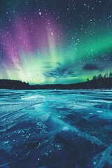 Northern lights over a frozen lake vibrant green and purple colors