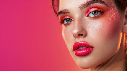 Portrait with striking makeup vibrant pink background