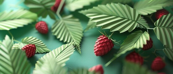 Raspberry paper art green leaf detail
