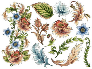 Digital Baroque Jacobean elements  motif design illustration artwork - obrazy, fototapety, plakaty
