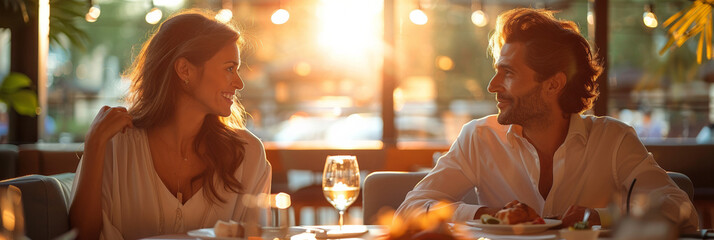 A couple celebrates their anniversary at a restaurant, enjoying a romantic dinner together with smiles - Powered by Adobe