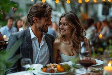 A happy couple enjoys a romantic dinner together, sharing laughter and wine in a luxurious restaurant