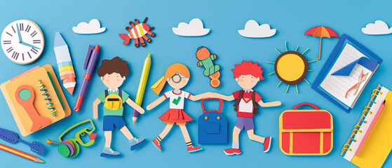Back to school. Group of school kids with school supplies. Vector illustration.