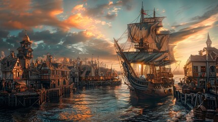 Fototapeta premium Large vintage medieval pirate sailing ship parked at pier with medieval building church tower town