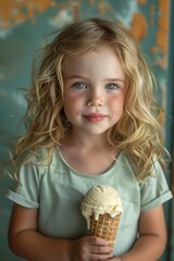 A happy young girl indulges in a delicious vanilla ice cream cone, radiating joy and delight