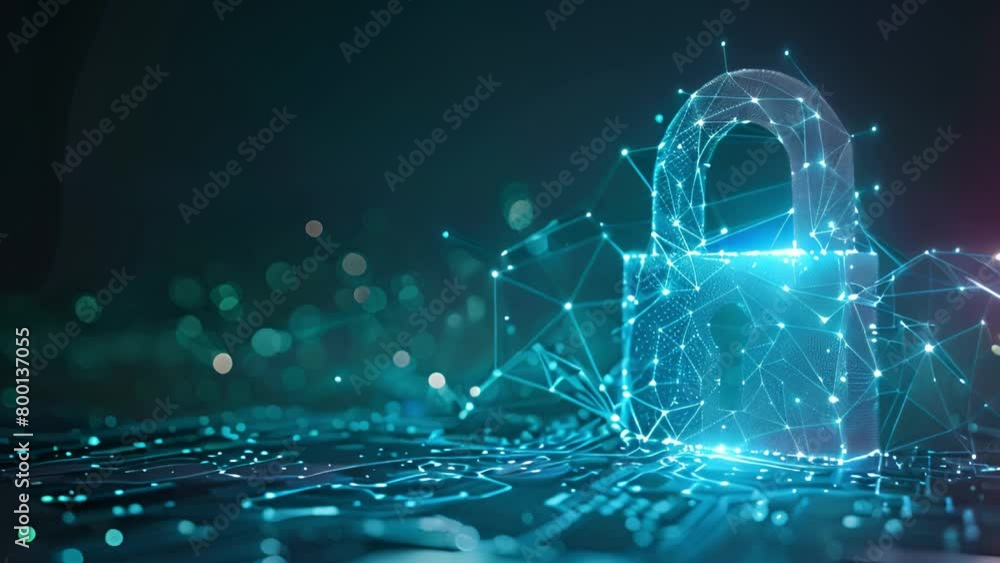 Poster glowing digital padlock symbolizing cybersecurity on a circuit board background